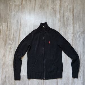 VTG Ralph Lauren Full Zip Sweater Black High Neck Knit Heavyweight Youth Sz L